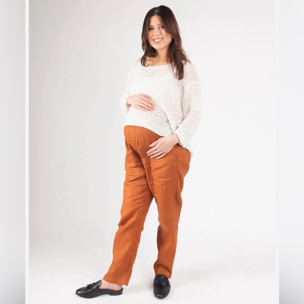 Emme Transitional Everyday Maternity Smocked Linen Pants in Cinnamon